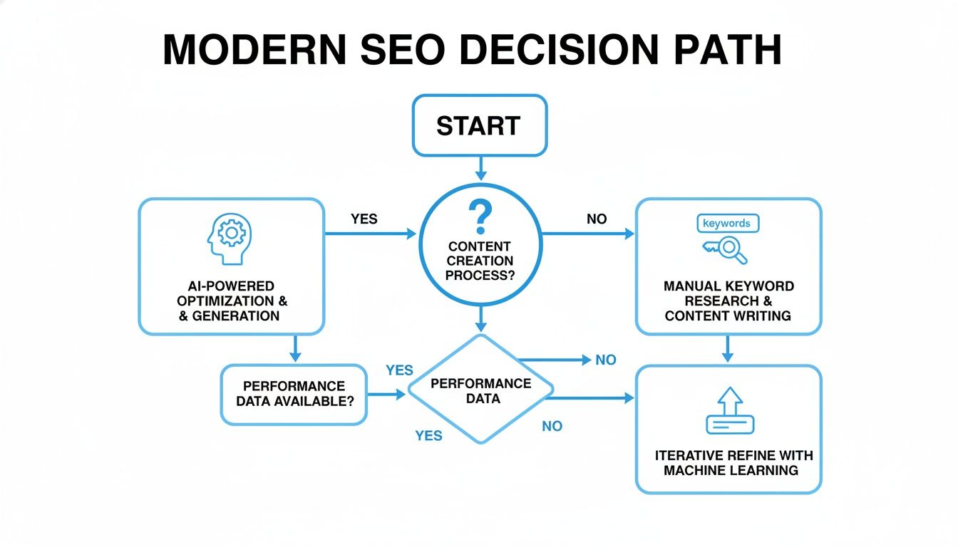 Flowchart illustrating a modern SEO decision path, including AI optimization and manual research.