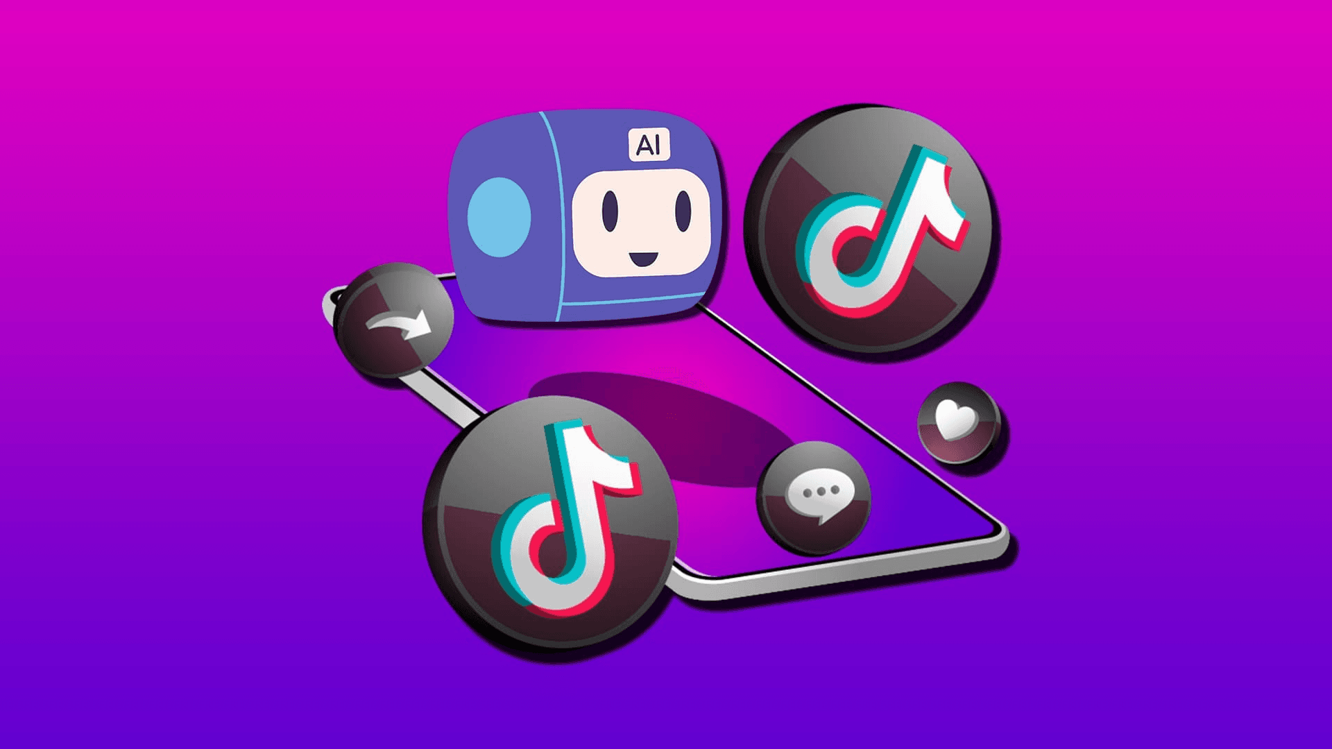 TikTok logos and AI bot graphic - AI Tools for TikTok Content Creation