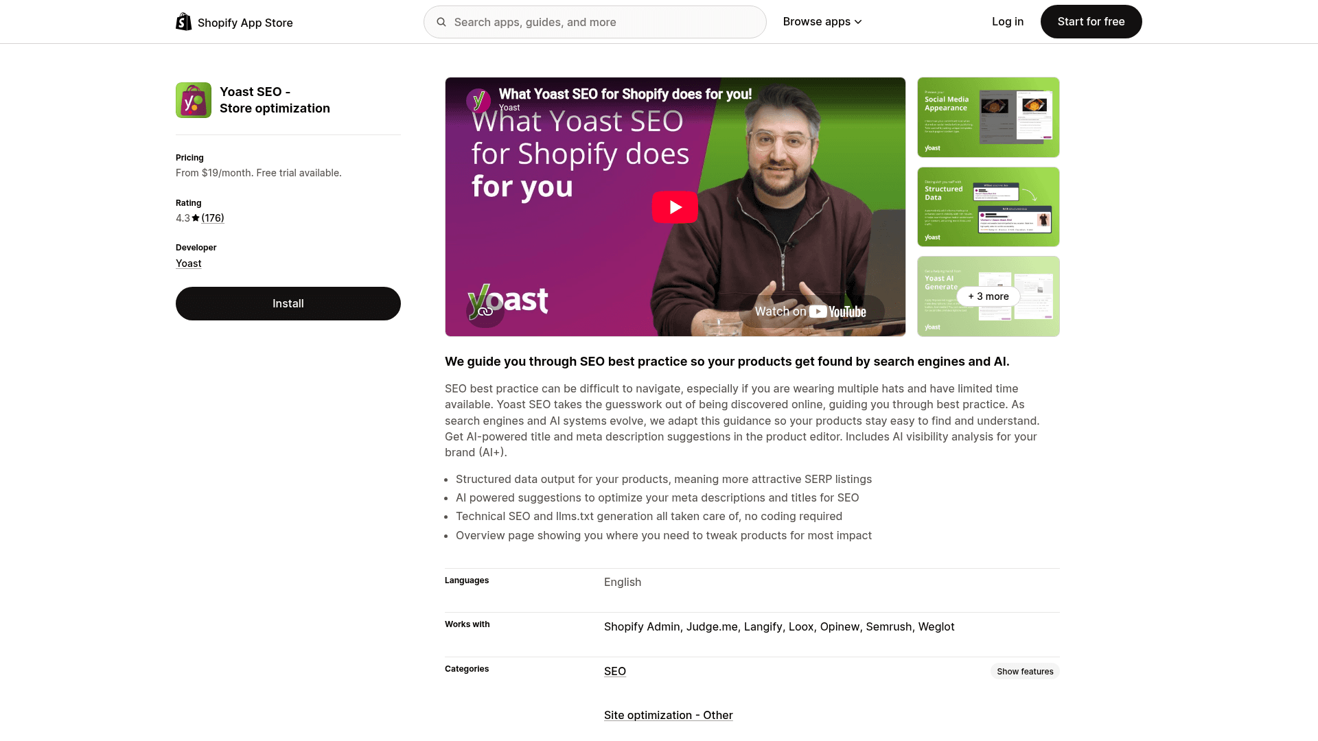Shopify App Store listing for Yoast SEO for Shopify showing 4.3 rating from 176 reviews