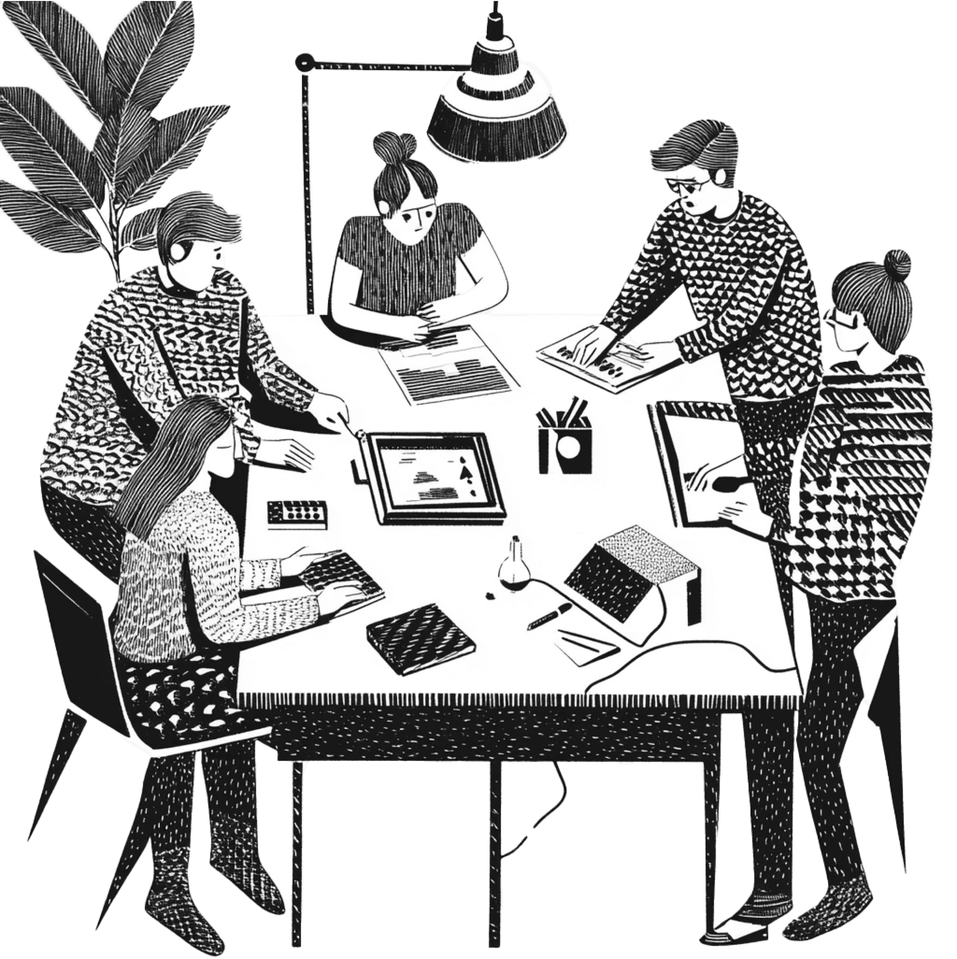Illustration en noir et blanc d'une équipe travaillant autour d'une table avec des ordinateurs portables et des documents.