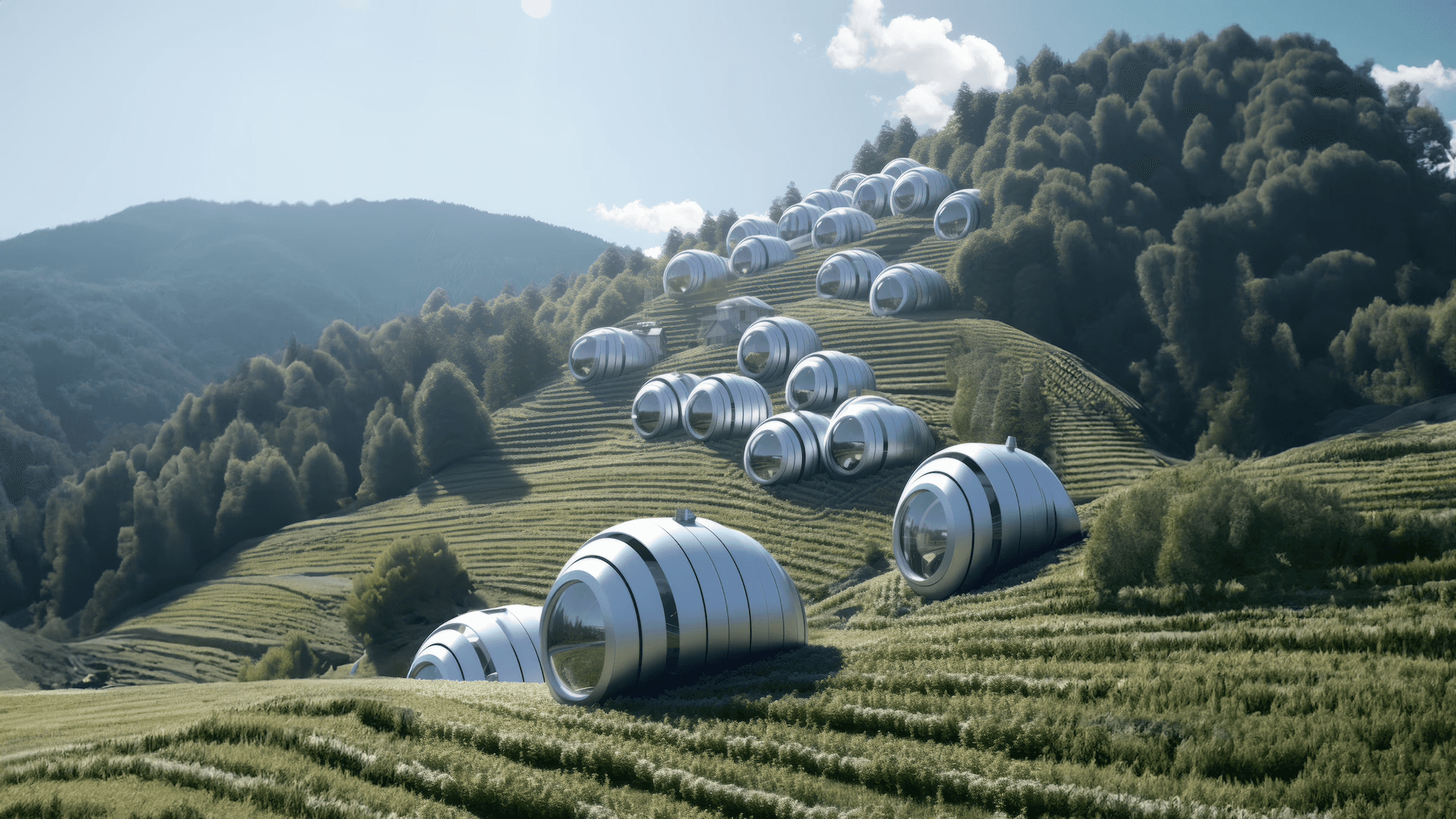 Rows of cylindrical, pod-like structures scattered across a terraced, green hillside, designed by WGXYZ.