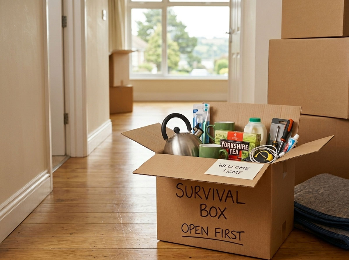 An organised ‘Survival Box’ sitting on a wooden floor next to clean moving blankets in a new Plymouth home, highlighting a stress-free arrival.