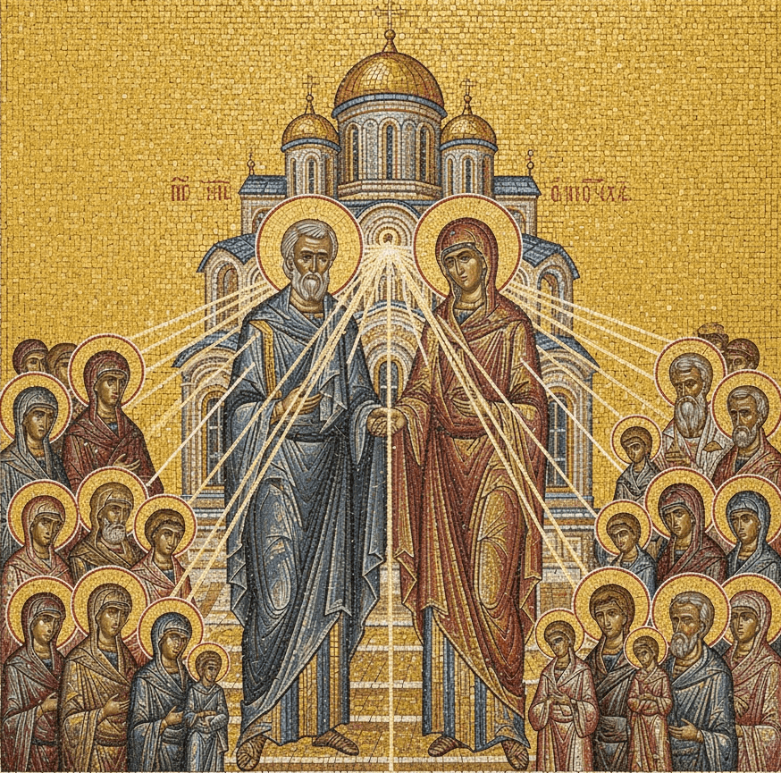 Illustration of two people in conversation with a church in the background, representing community and connection in faith.