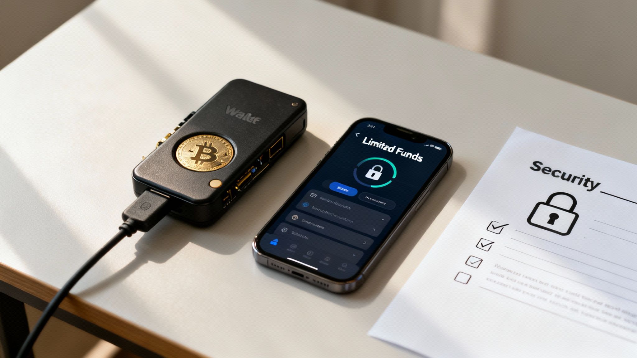 A cryptocurrency hardware wallet with a Bitcoin coin connected to a smartphone showing a finance app.