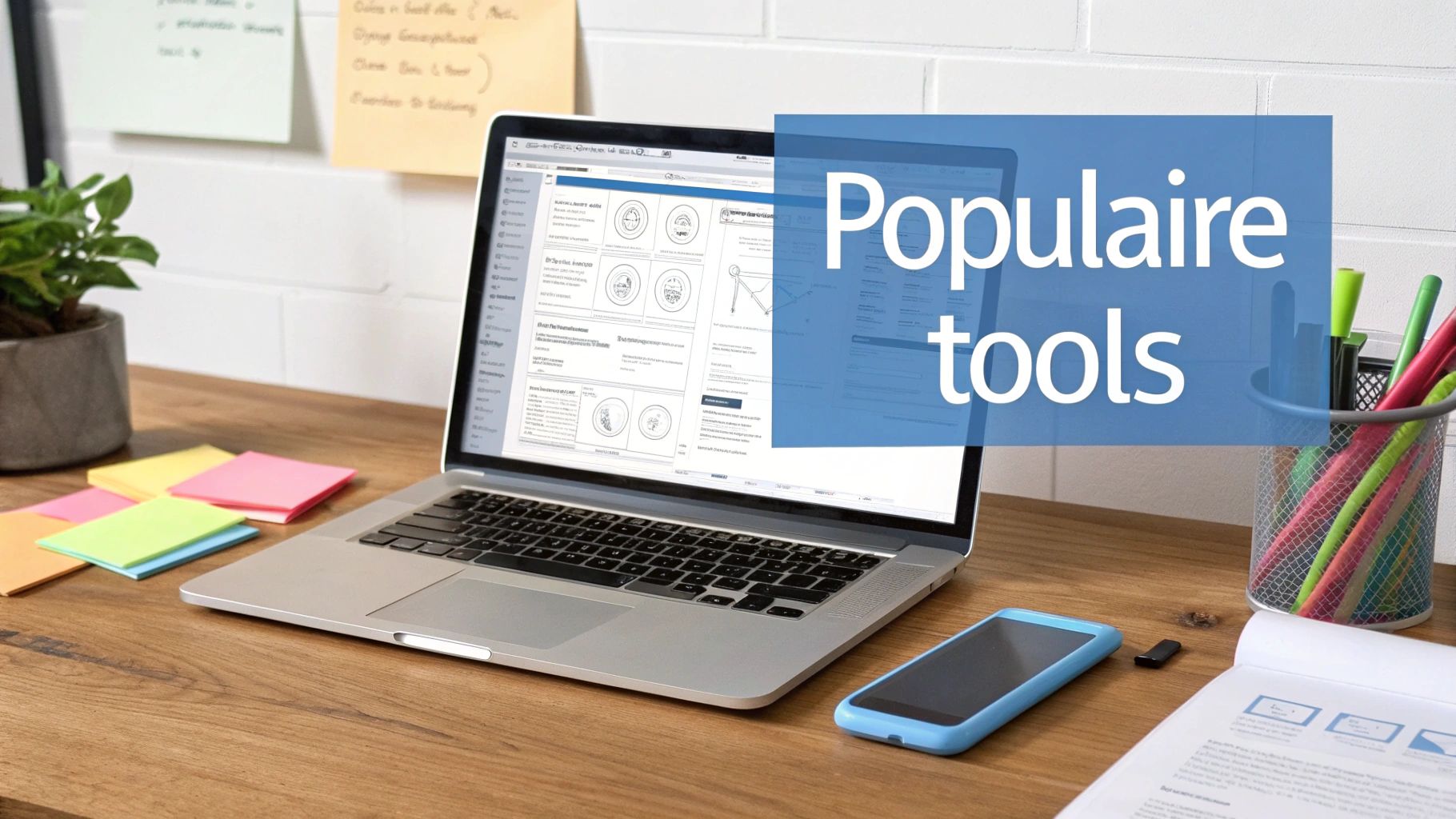 Een moderne werkplek met laptop, smartphone, plant en sticky notes, met een overlay 'Populaire tools'.