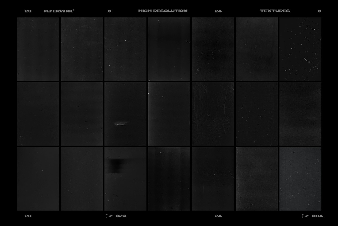 Collection of twenty four film dust textures with various levels of grain noise and scratches