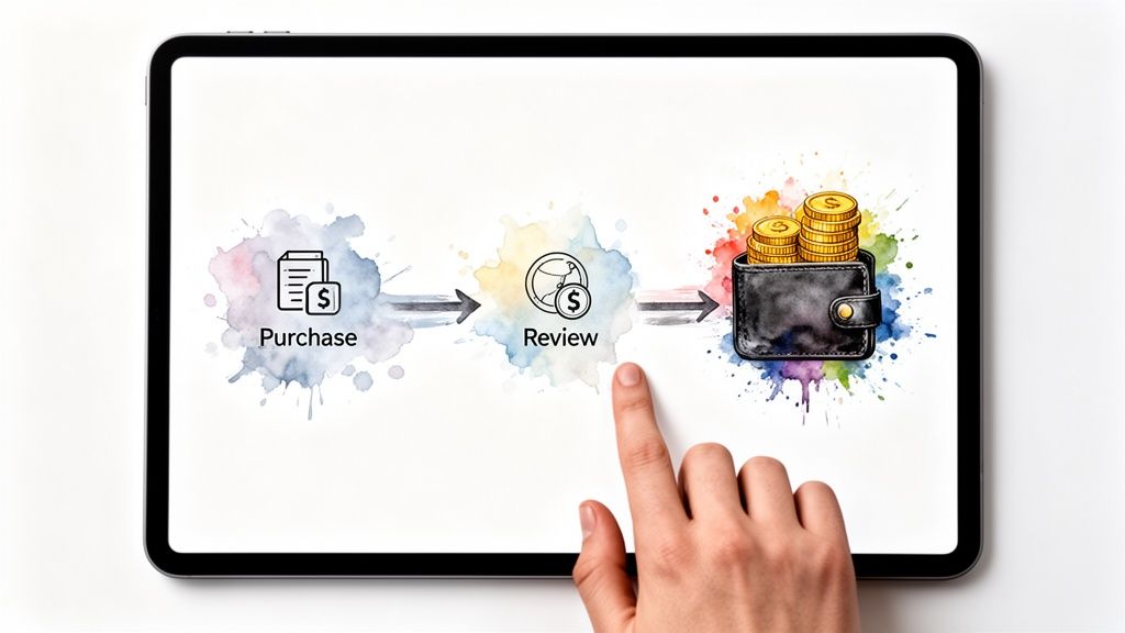 A finger taps a tablet displaying a three-step process: Purchase, Review, and Wallet with coins.