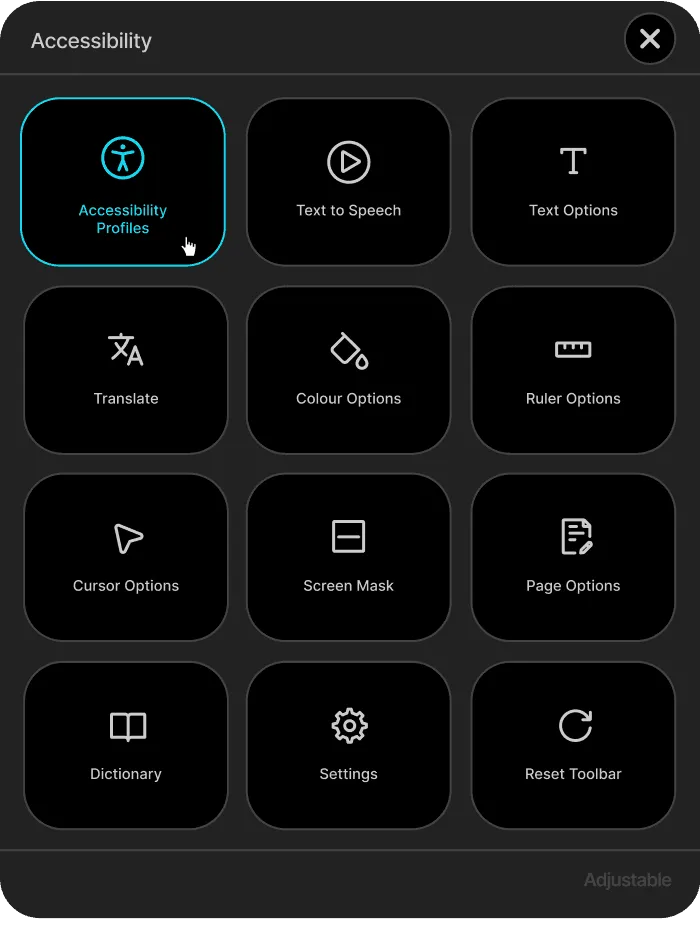 Adjustable accessibility toolbar in dark mode