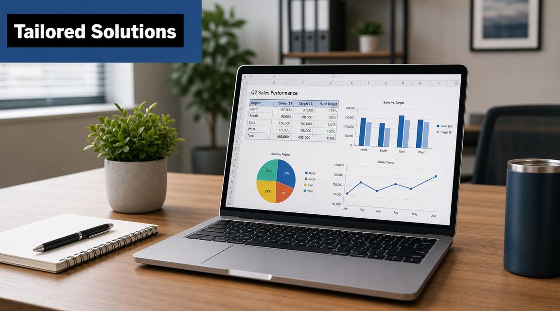 A modern workspace featuring a laptop displaying Q2 sales performance data and charts with a notebook nearby.