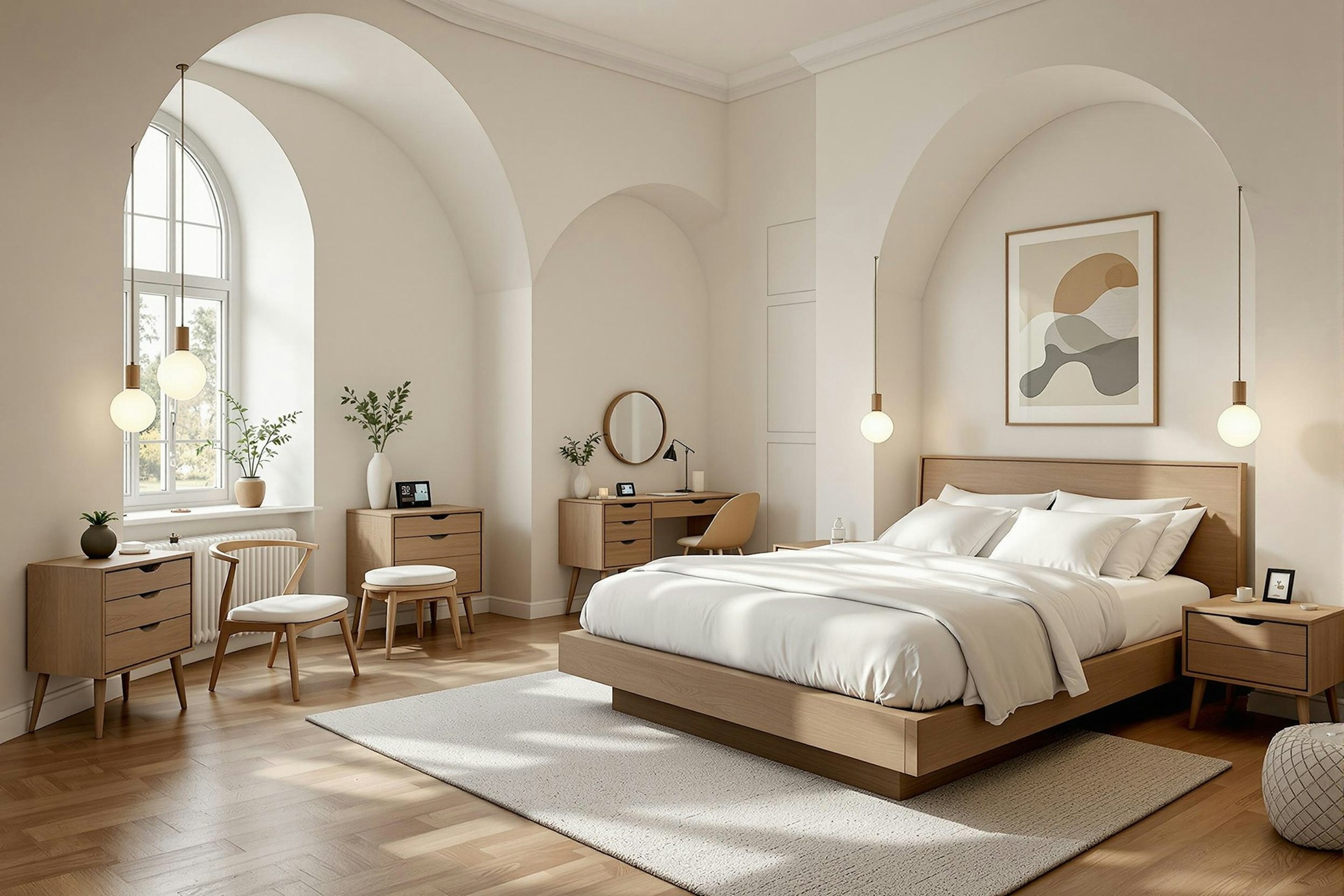 Bright, modern bedroom with a large bed, light decor, arched windows, and minimalist furnishings.