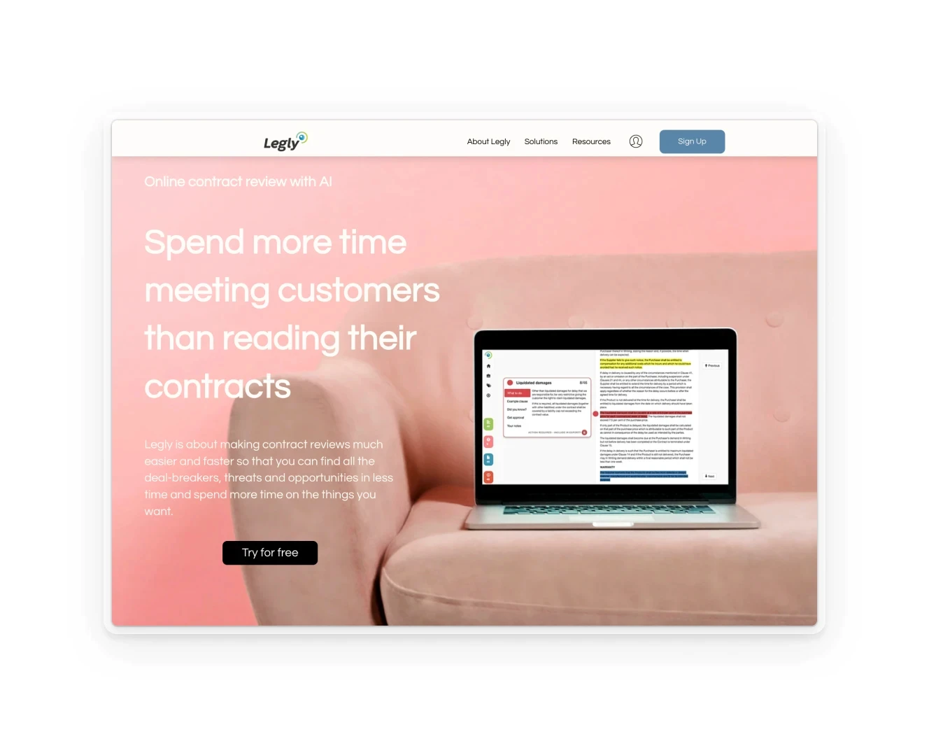 A landing page for Legly featuring its AI contract review solution, emphasizing saving time on contract reading to focus on customer engagement, with an interface showing contract analysis.