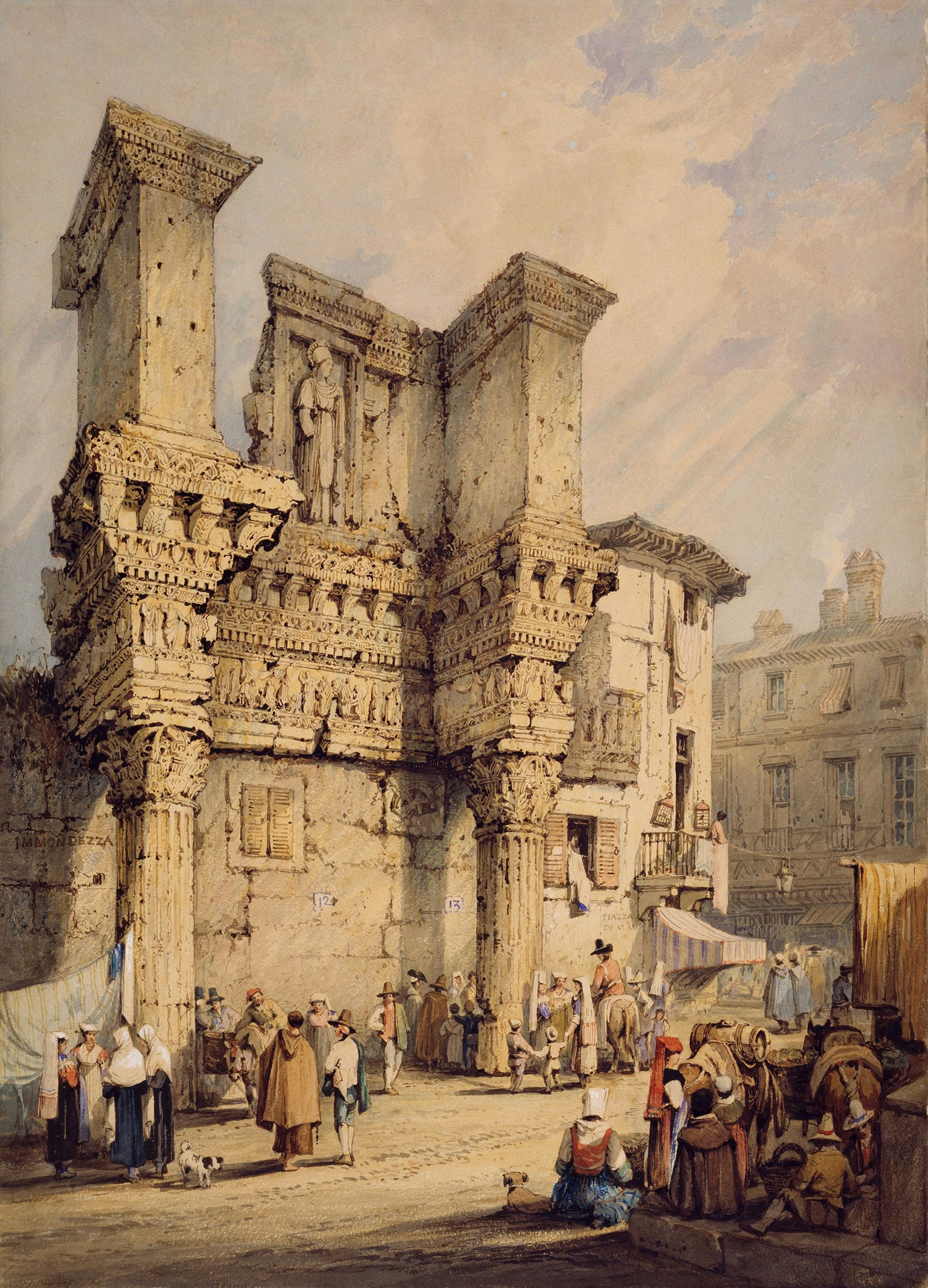 A watercolor painting of detailed ancient ruins with people in a market scene