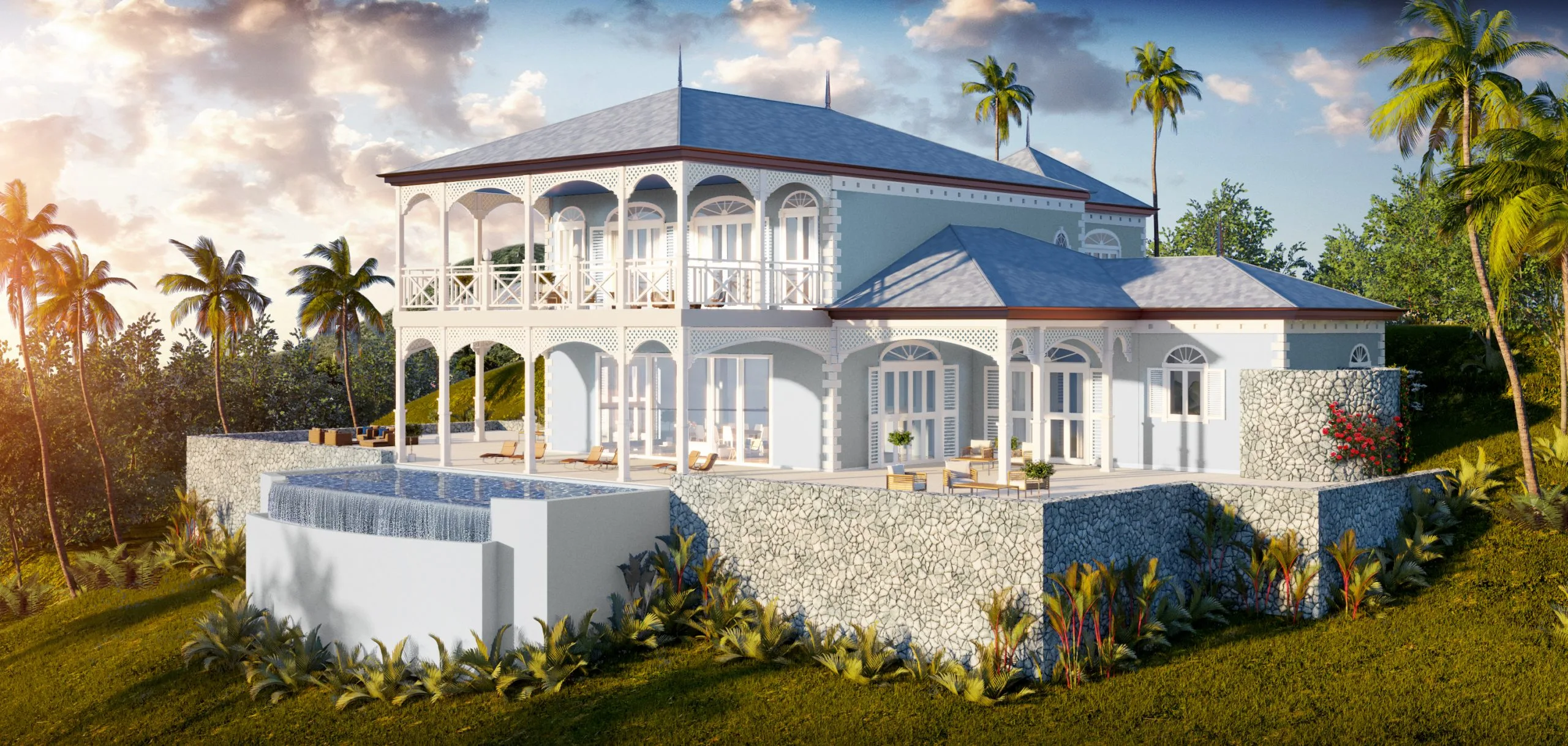 3D rendering of oceanfront hotel villa with infinity pool and wraparound veranda in St. Lucia by Atelier International LLC