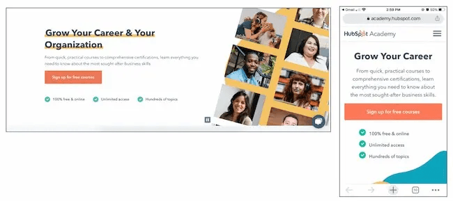 HubSpot Academy webpage promoting career growth courses.