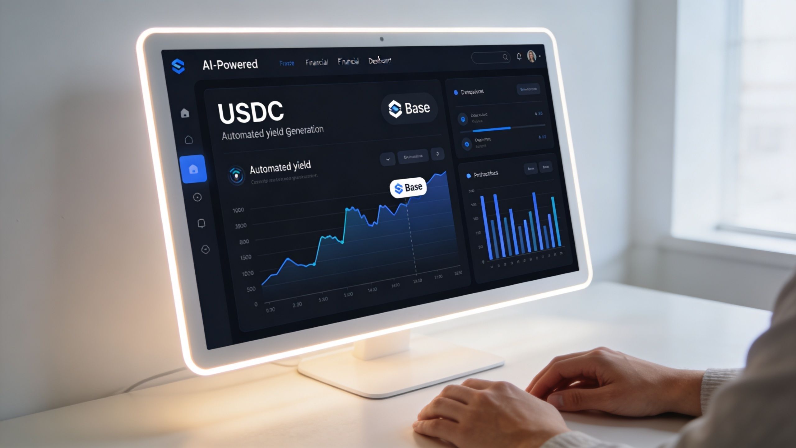 A person using a computer monitor displaying an AI-powered financial dashboard for automated USDC yield generation.