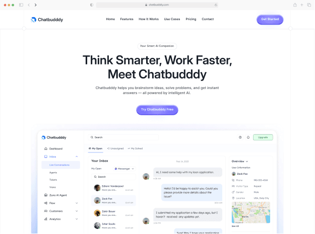 ChatBuddy interface showcasing features for small business communication and customer engagement.