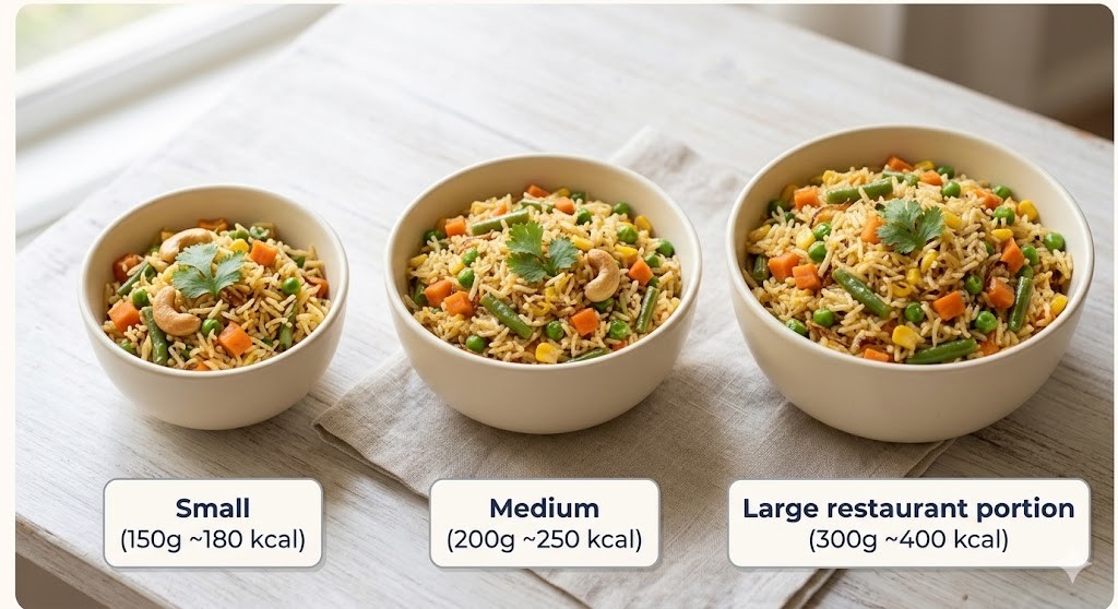 Three beige bowls containing varying portions of Indian vegetable pulao, which is a mix of rice, cashew nuts, carrots, green peas, green beans, and corn, with fresh cilantro. The bowls increase in size and are labeled from left to right: Small (150g ~180 kcal), Medium (200g ~250 kcal), and Large restaurant portion (300g ~400 kcal). The bowls are placed on a grey cloth on a light wooden table near a window, under natural daylight.