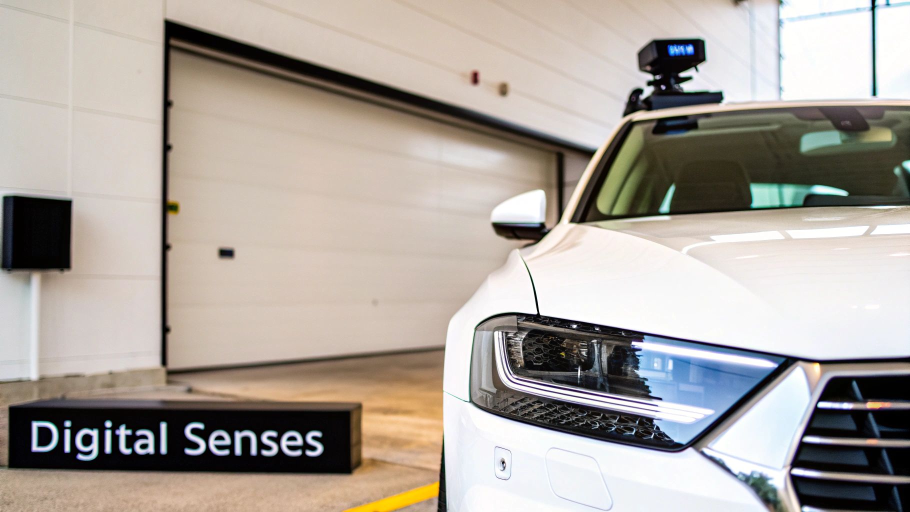 A modern car on the road, highlighting the sensors and cameras used for ADAS features.
