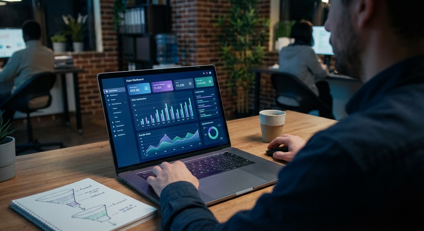 Ein Digital Strategist analysiert komplexe Wachstumsdiagramme und Daten-Dashboards auf einem Laptop-Bildschirm in einem modernen Büro. Im Vordergrund sind Notizen mit gezeichneten Funnel-Diagrammen zu sehen.