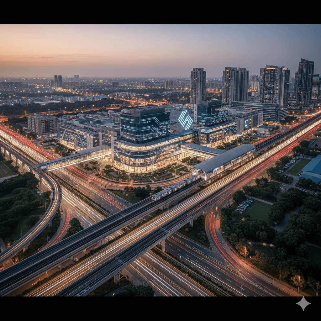 Aerial dusk view of modern commercial towers at the junction of Southern Peripheral Road and high-speed transit.