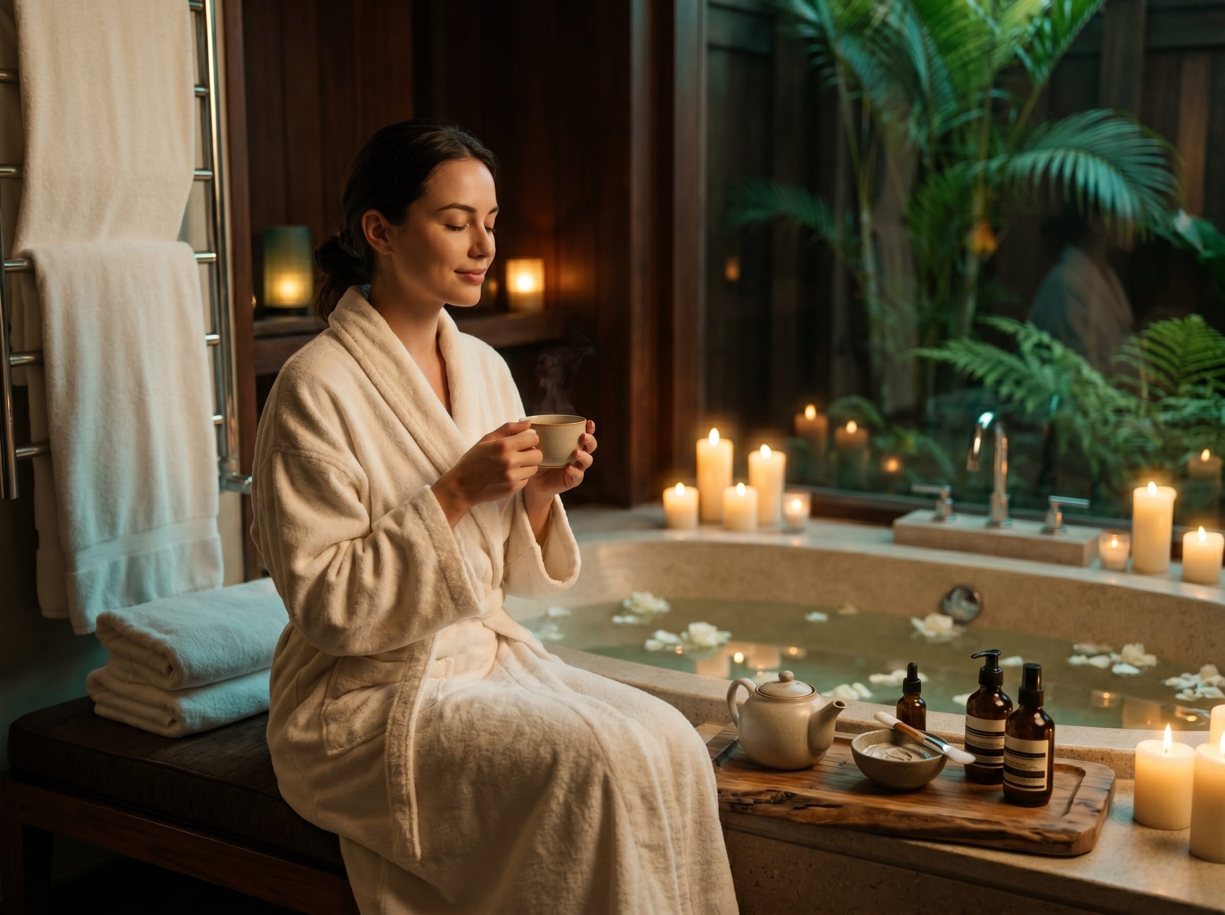 Woman relaxing with tea beside candlelit spa bathtub and skincare products