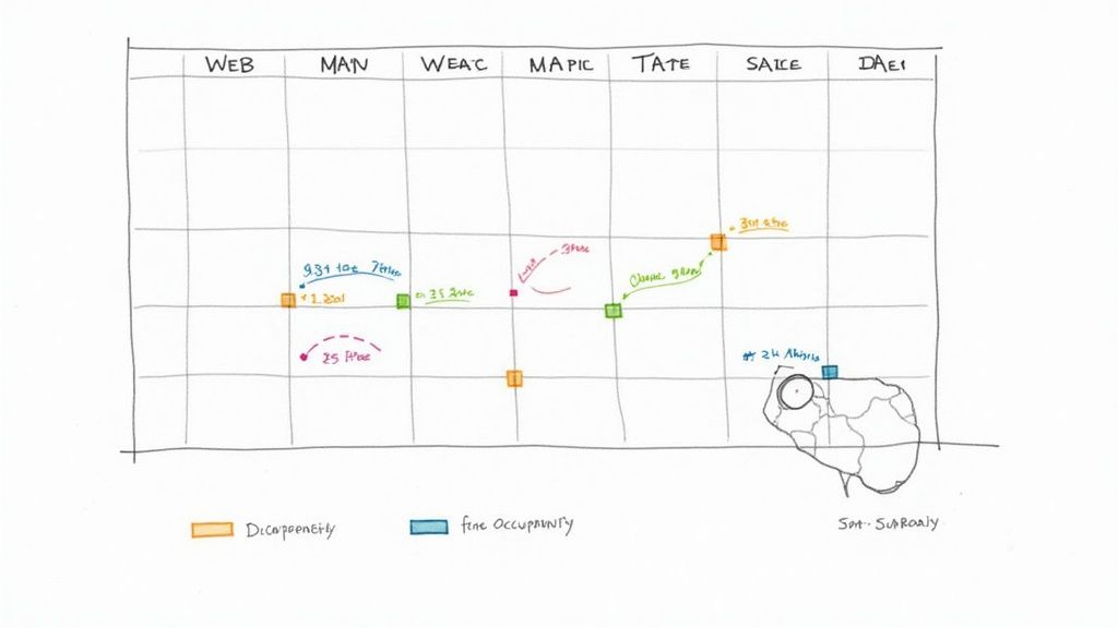 A hand-drawn grid chart illustrating various data points with labels, arrows, and a legend.
