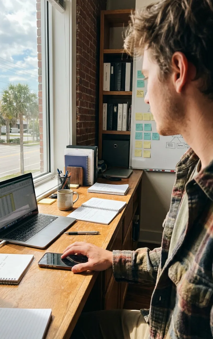 Man at desk reviewing files, RockN' Socials Digital Marketing Agency office.
