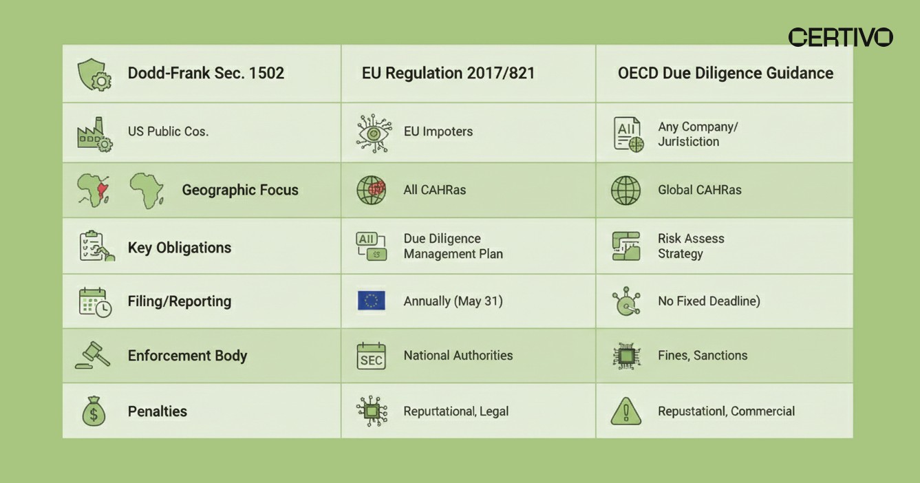 Conflict minerals regulations comparison table covering Dodd-Frank EU Regulation and OECD guidance