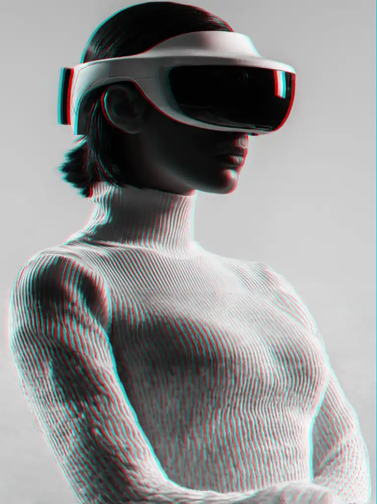female wearing vr gogles wearing white sweater