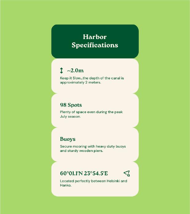 The harbor specifications featuring the depth of the waters, electricity voltage, 98 spots, buoys and coordinates.