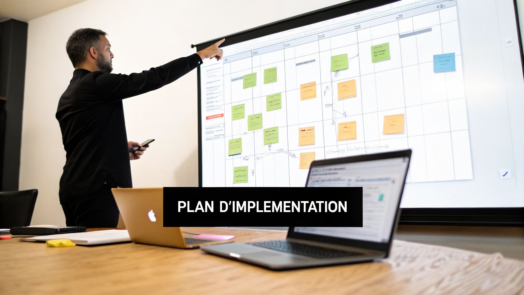Homme présentant un plan d'implémentation avec des post-its colorés sur un tableau de planification de projet