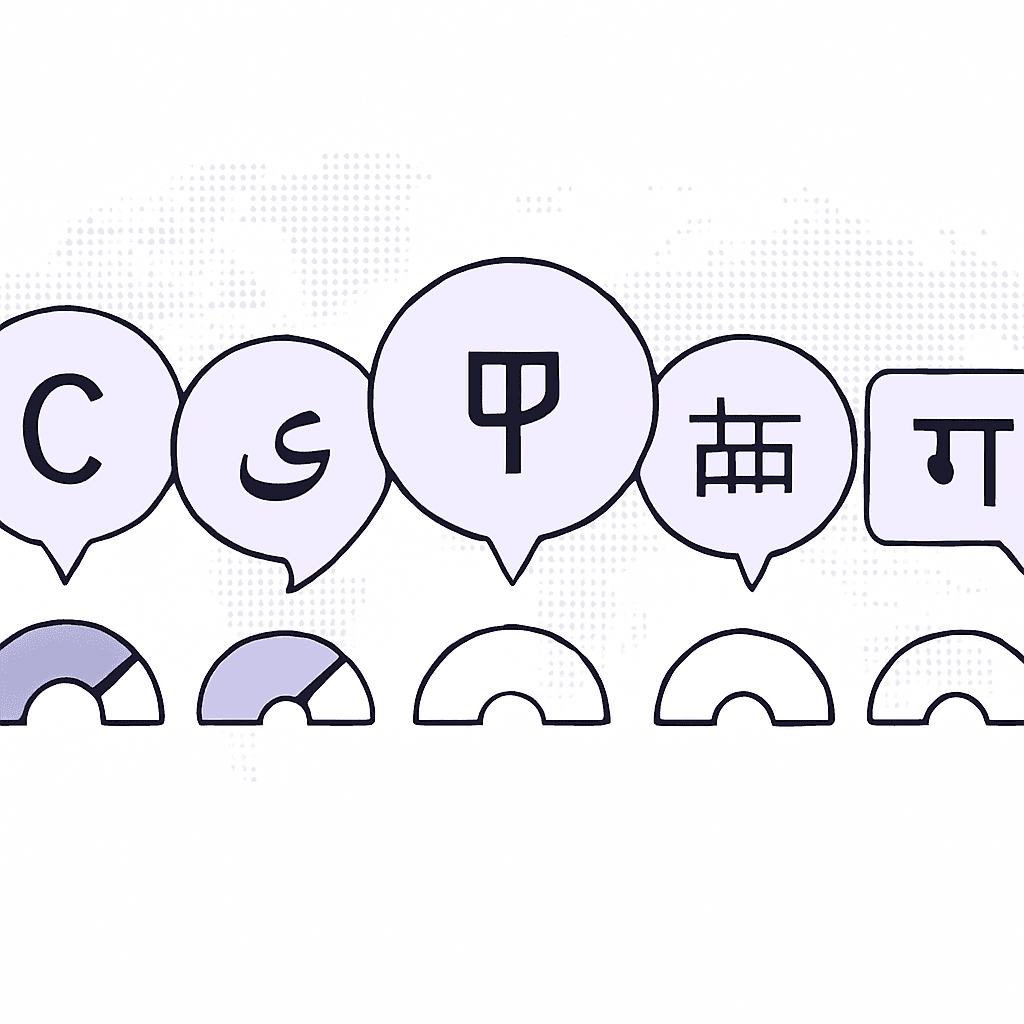 Infographic of speech bubbles with decreasing gauge levels illustrating language quality gap