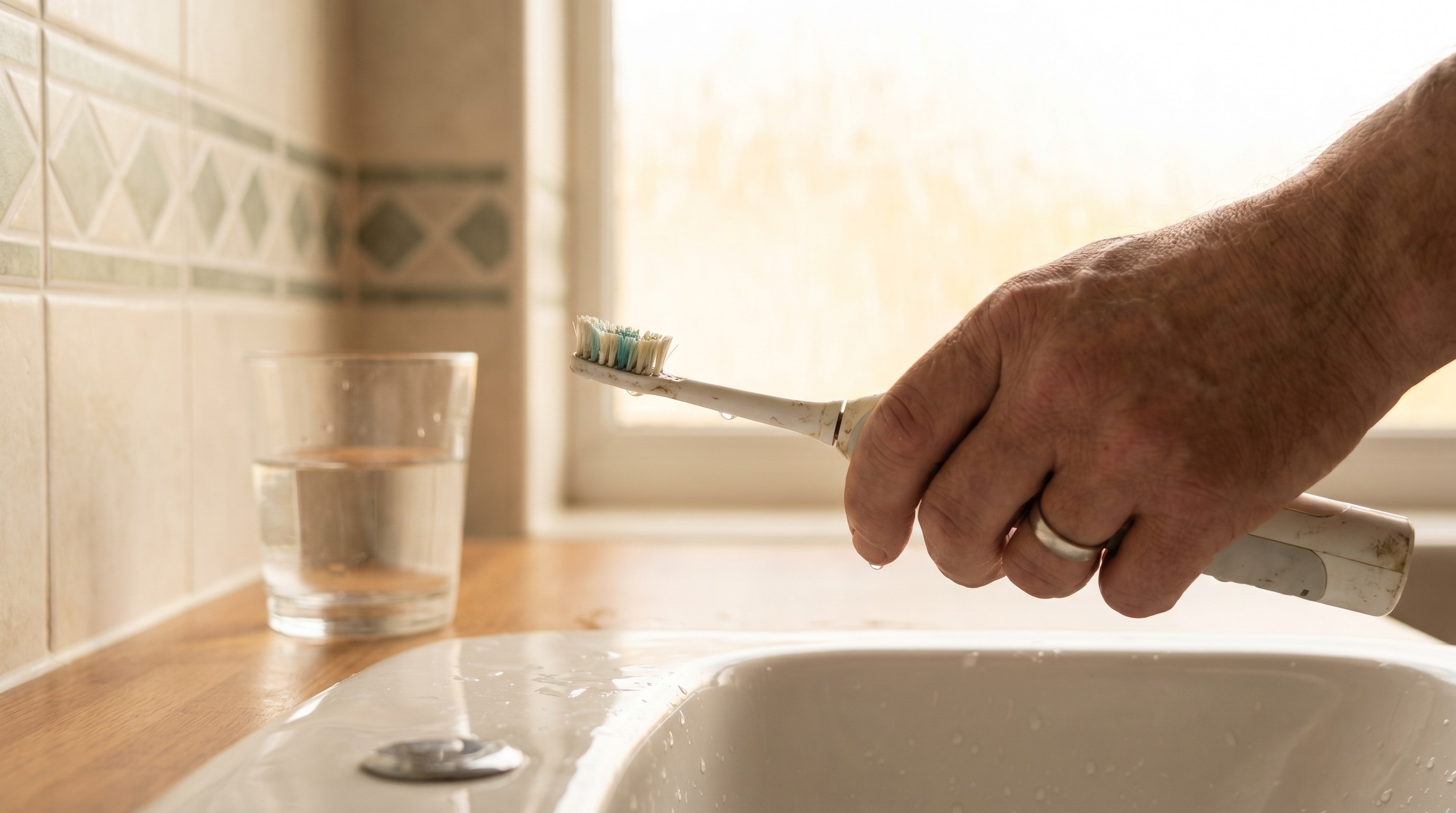 Close-up of an adult's hand holding an electric toothbrush over a bathroom sink in morning light