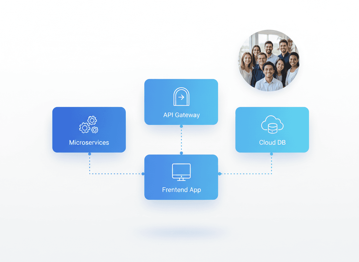 “Cloud-native architecture visual displaying modular microservices, API gateway, cloud database, and frontend UI components for modern enterprise web applications.”