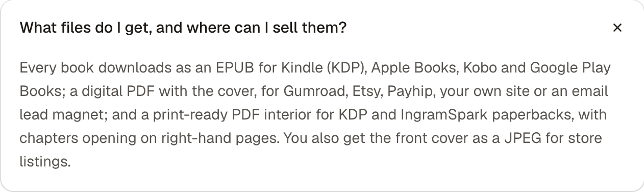 Koobe FAQ answer listing the files every book downloads as: an EPUB for Kindle, Apple Books, Kobo and Google Play Books, a digital PDF for Gumroad, Etsy and Payhip, and a print-ready PDF for paperbacks.