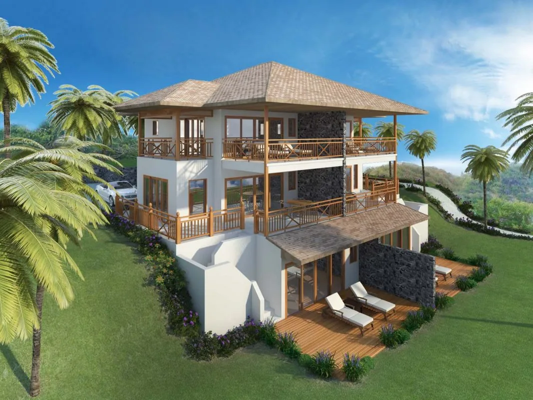 3D rendering of three-story Caribbean villa with wraparound verandas and lava stone accents in the Grenadines