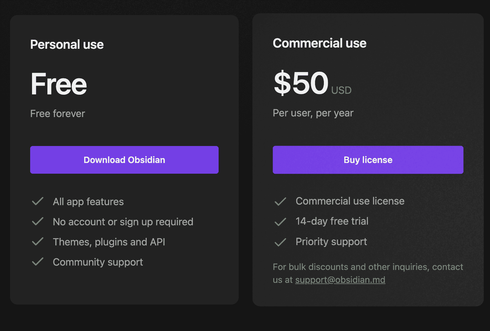 Screenshot of Obsidian's pricing page