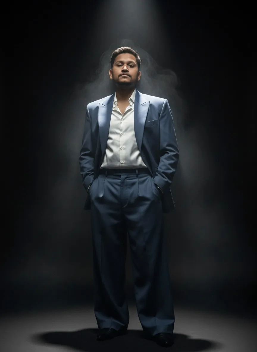 Man in blue suit with hands in pockets