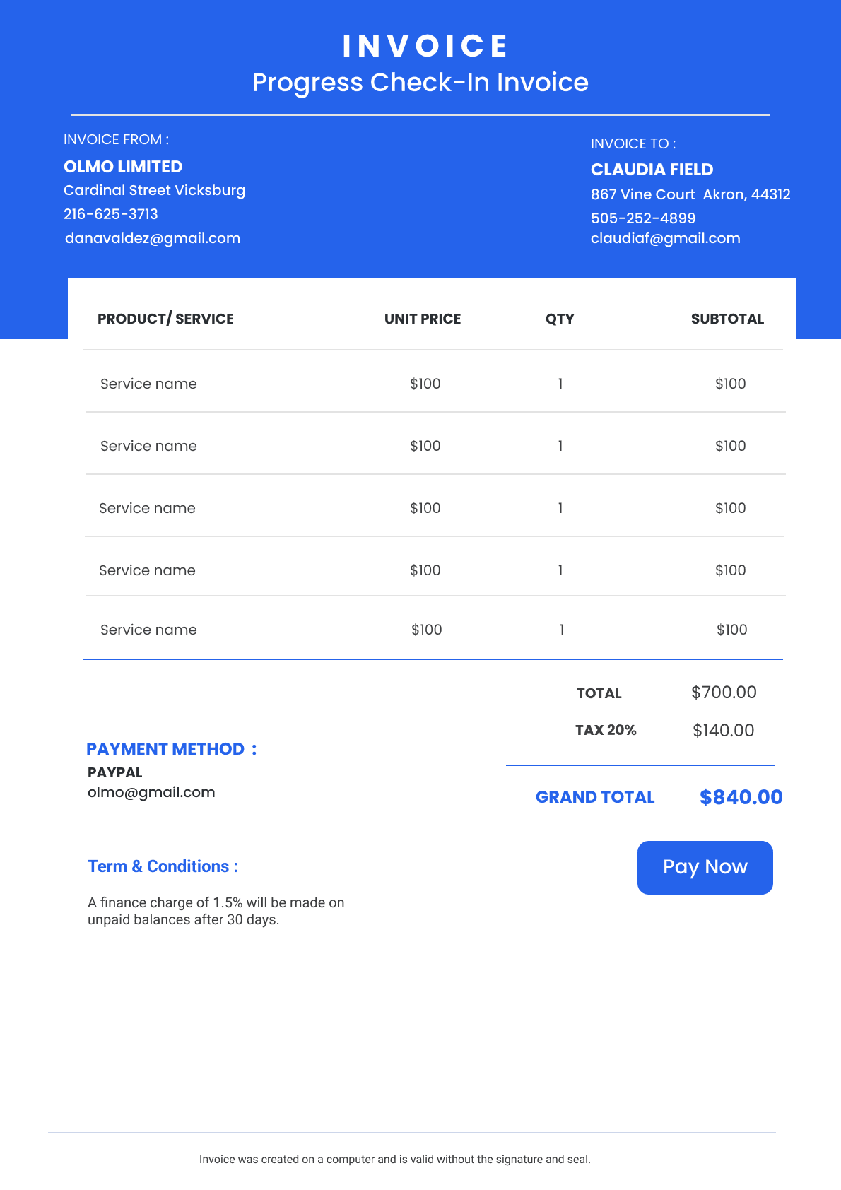 Progress Check-In Invoice