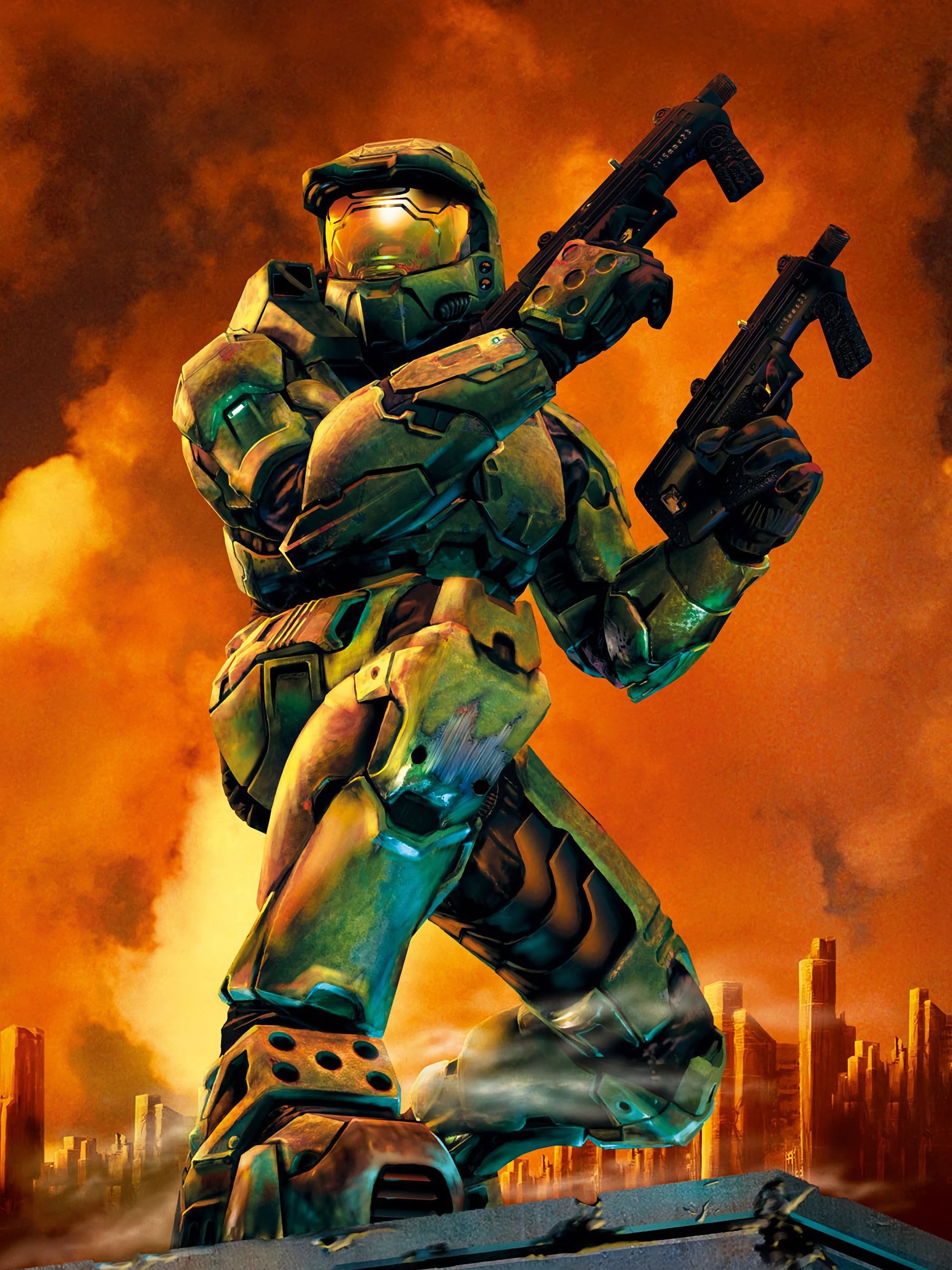 Armored sci-fi soldier in green armor holds two guns against a burning city backdrop, Halo 2 game poster.