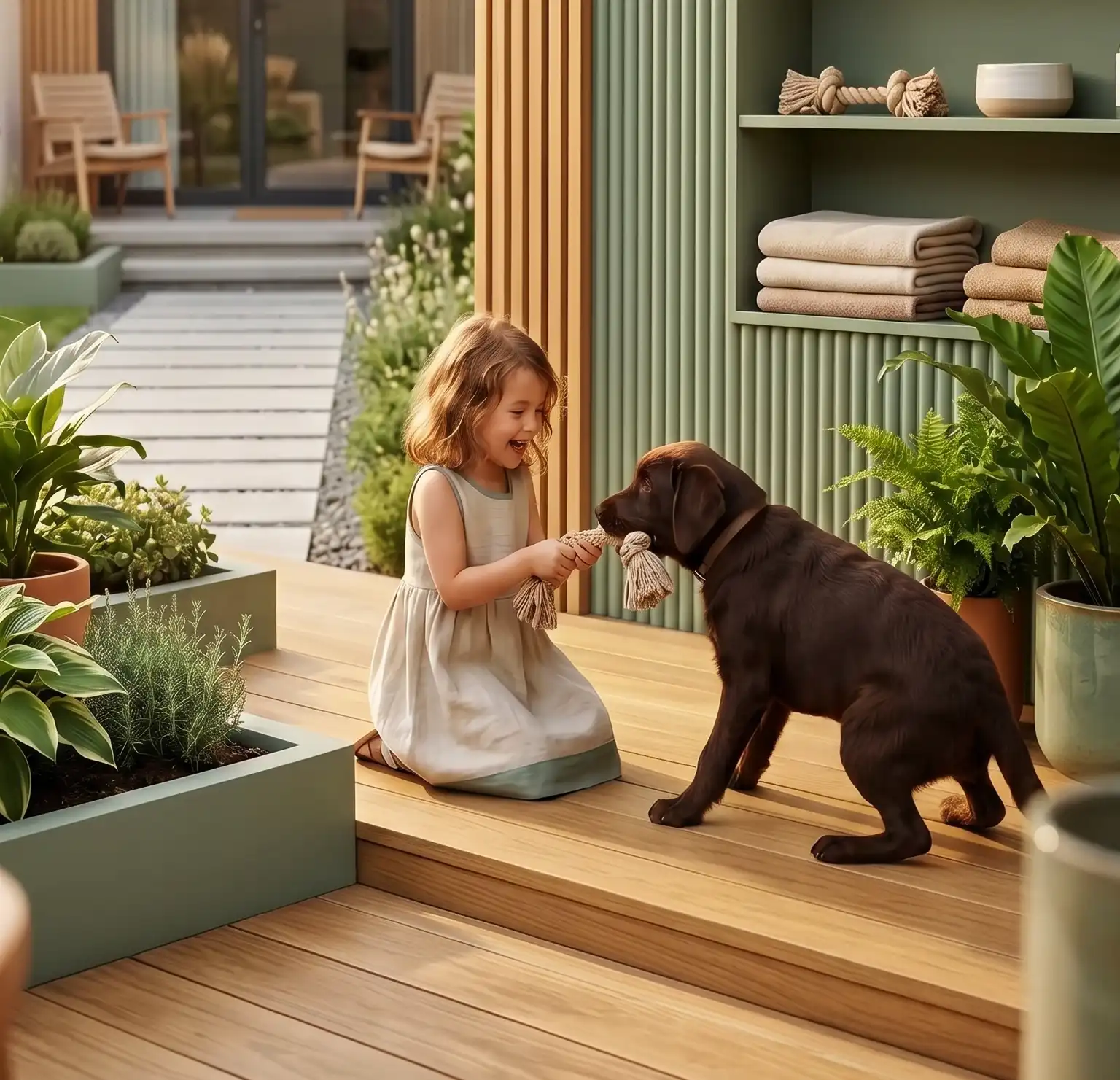 A joyful moment of a young girl playing with her dog