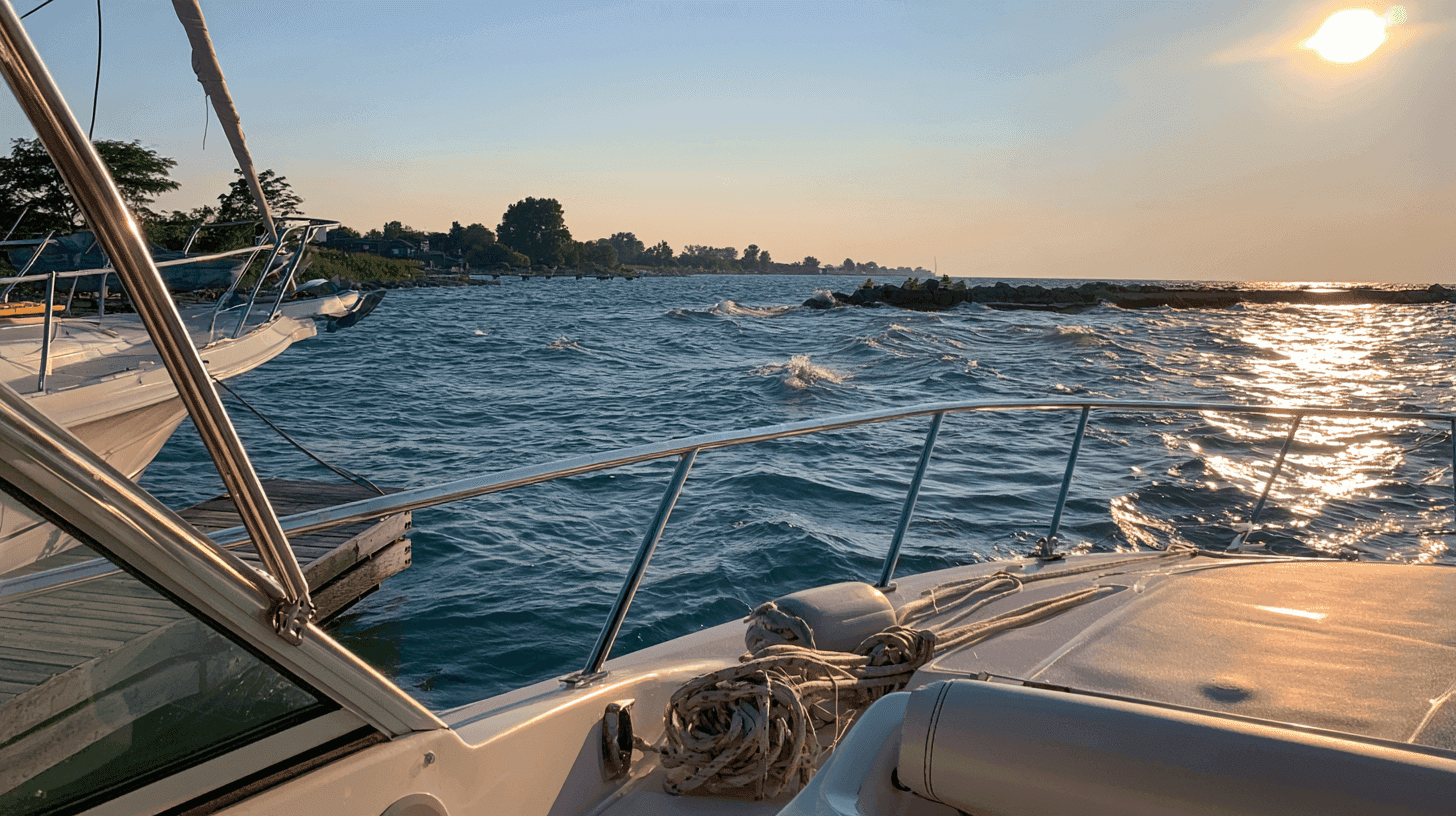 View over the bow of a cruiser pulling past a finger pier and a neighboring boat, with choppy water beyond the breakwall