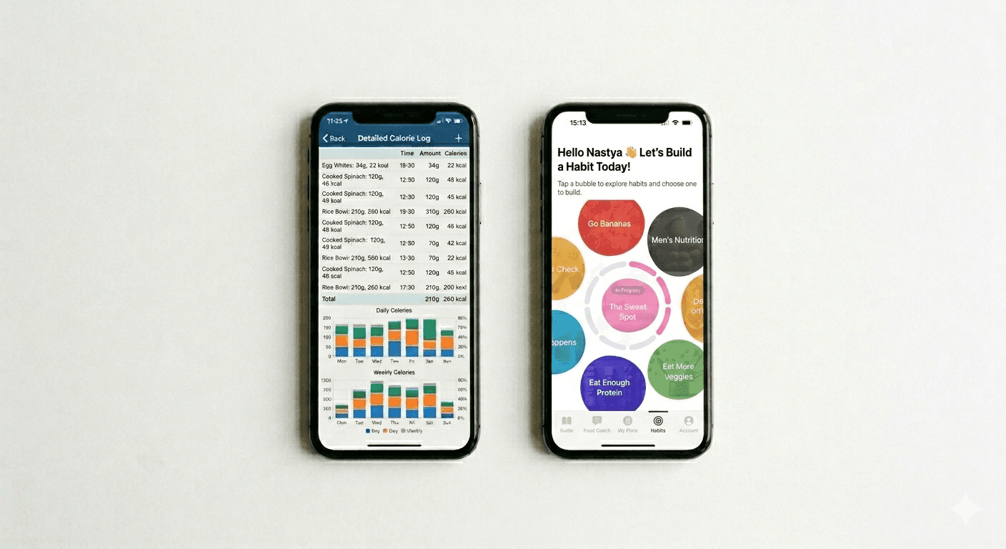 Two phone screens showing calorie tracking app versus habit-based eating app — comparing two approaches to weight loss
