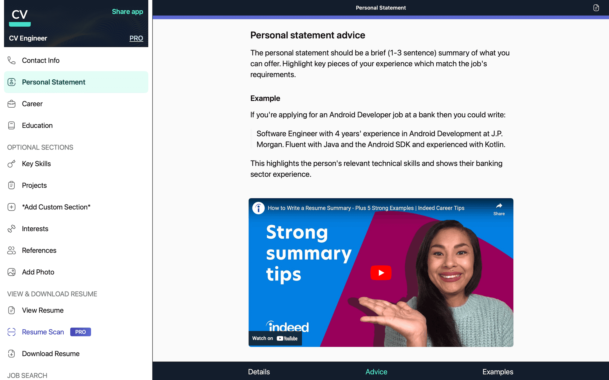 Screenshot from the CV Engineer macOS app featuring their advice for writing your personal statement.