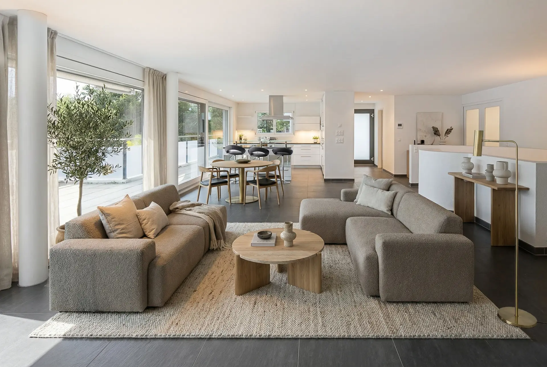 Helles Wohnzimmer mit Olivenbaum als Referenzprojekt für professionelles Virtual Staging.