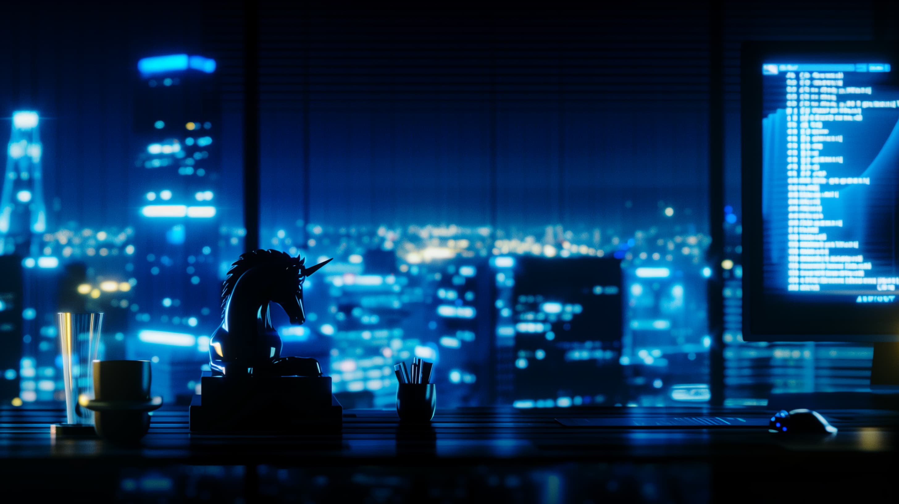 ein Büro in der Nacht mit Blick auf die Stadtsilhouette, das Bild ist das Titelbild eines Blog-Artikels