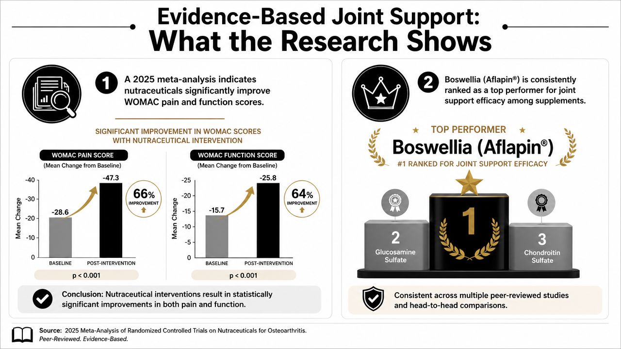 An infographic summarizing research showing Boswellia and nutraceuticals significantly improve joint pain and function scores.