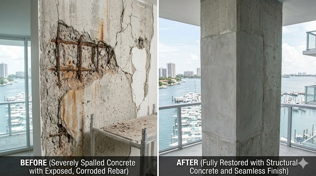 Structural column spall repair on a Fort Lauderdale parking garage column — Planet Construction FL