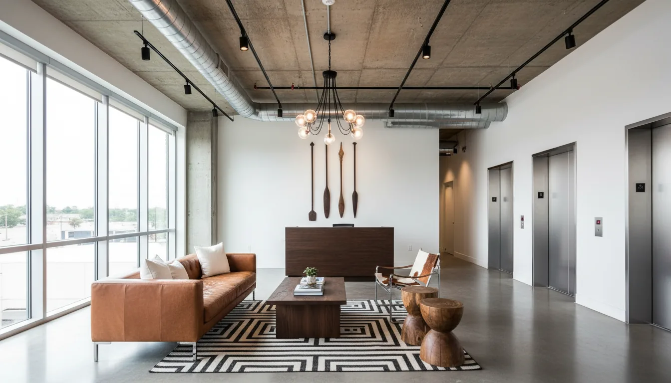 Architectural photography of a high-end coworking space lobby, industrial chic interior design. DSLR, eye-level shot with a wide-angle lens. The scene is lit by a mix of bright natural daylight and warm track lighting. The ceiling is exposed concrete with prominent galvanized steel ducts and pipes. In the center, a supple cognac leather sofa with large white cushions rests on a black and white patterned area rug. A dark wood coffee table with a slate top, a modern lounge chair with a cowhide seat, and several solid turned-wood stools complete the seating area. A prominent white wall features a triptych of long, dark, sculptural wooden artifacts resembling oars or spears. A modern chandelier with multiple glass globes hangs overhead. In the background, a dark wood reception desk sits in front of two recessed elevator doors. Sharp focus, rich textures, polished concrete floor, professional and inviting atmosphere.