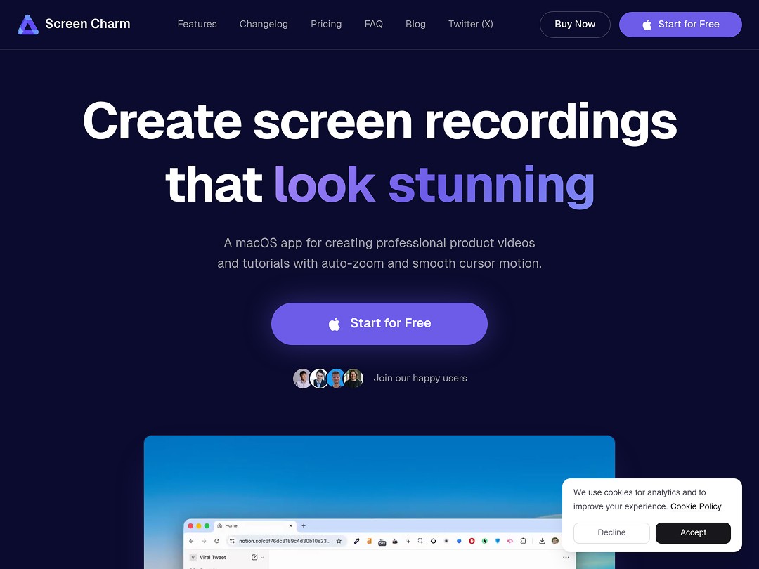 Screen Charm macOS app homepage with headline Create screen recordings that look stunning and a Start for Free button